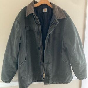 Carhartt Green Duck Canvas Insulated Jacket with Brown Corduroy Collar